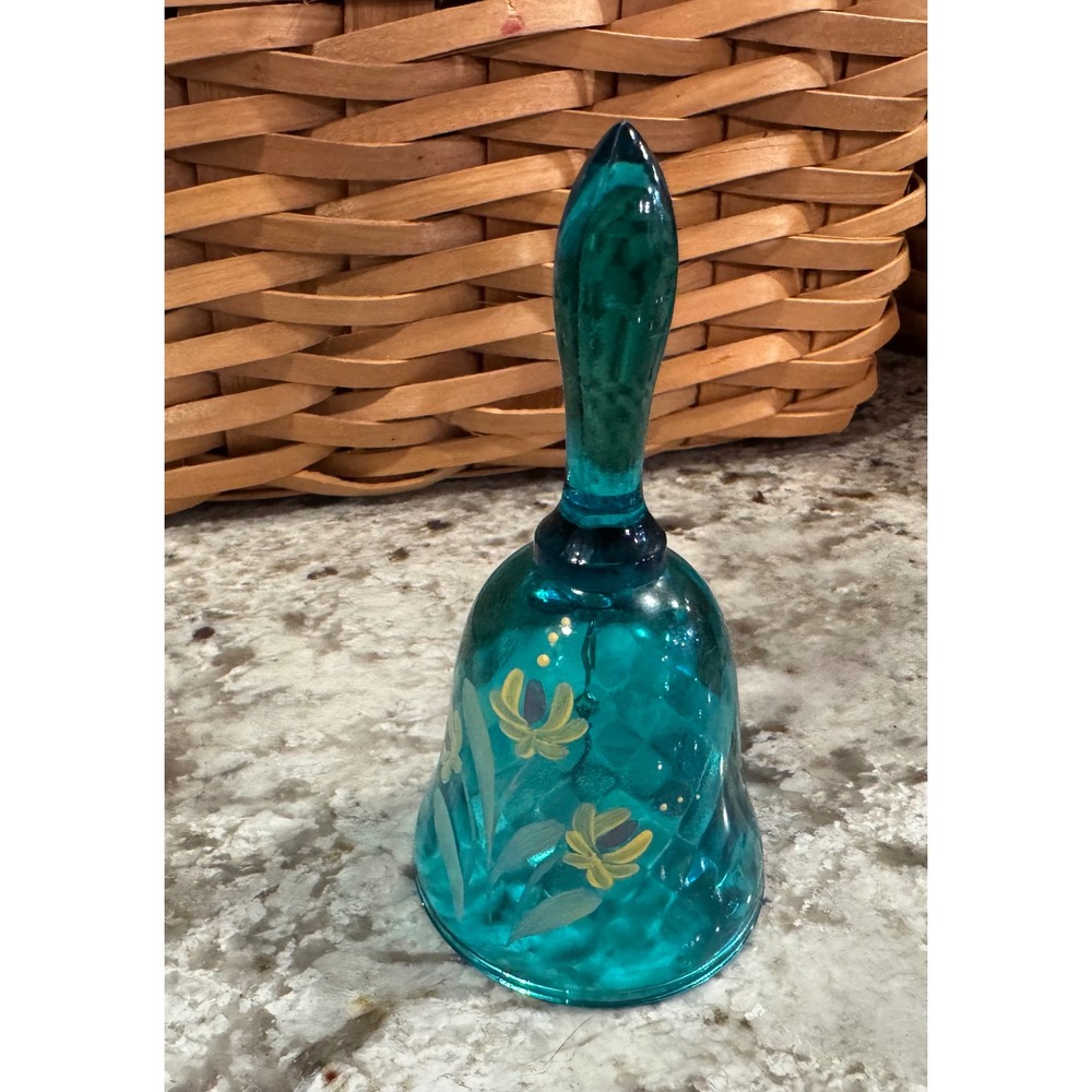 Vintage Fenton Teal Blue Glass Bell Hand Painted Floral Diamond Optic Signed - Picture 4 of 10